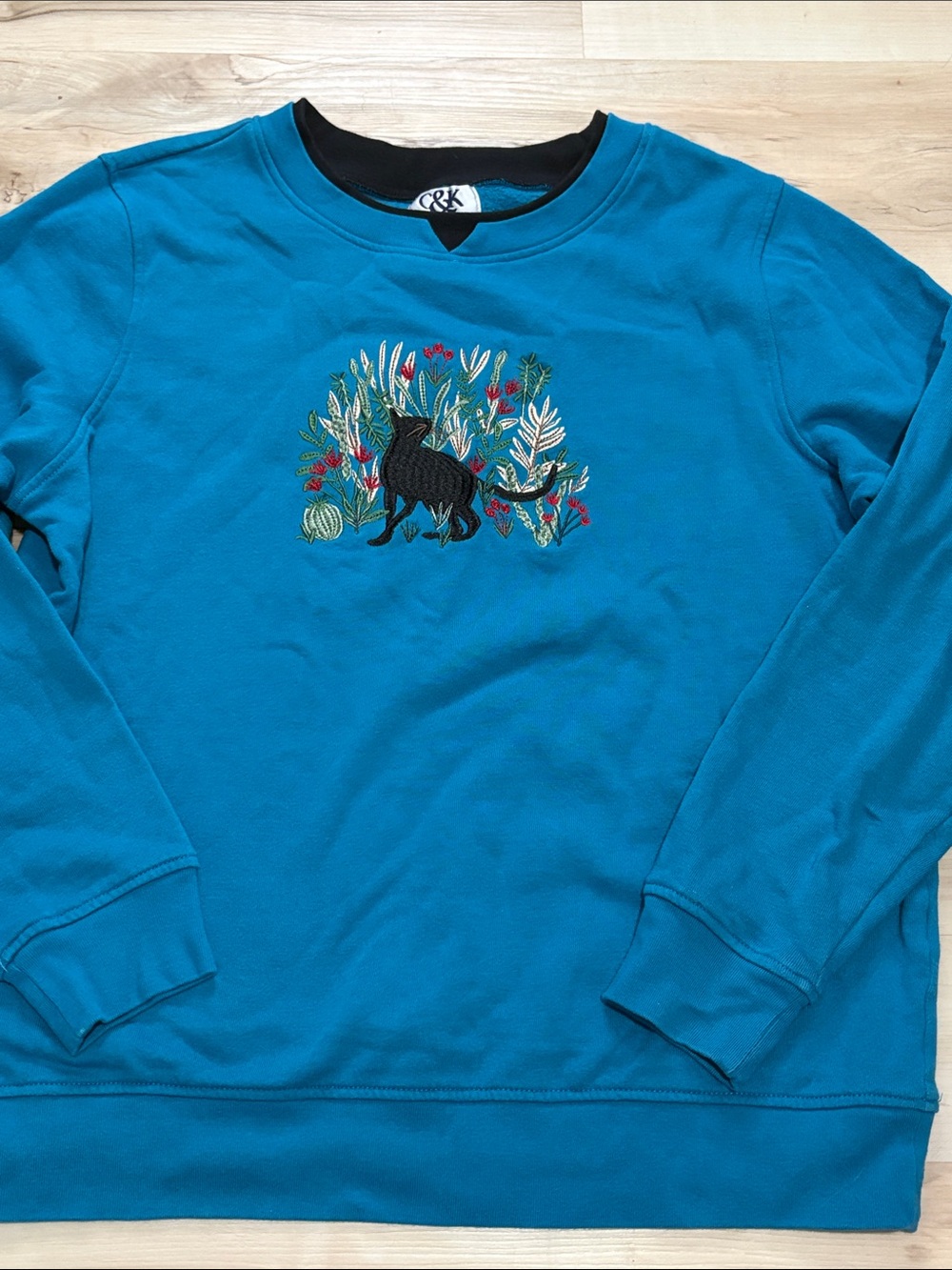 Vintage C&K Designs Embroidered Black Cat Garden Crewneck Sweatshirt Teal Blue L
